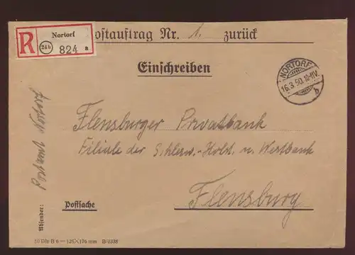 Postsache Bund Postauftrag Nr. 1 ab Nortorf per Einschreiben nach Flensburg