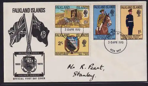 Falklandinseln Brief 183-186 Verteidigungsstreitkräfte als FDC 30.4.1970