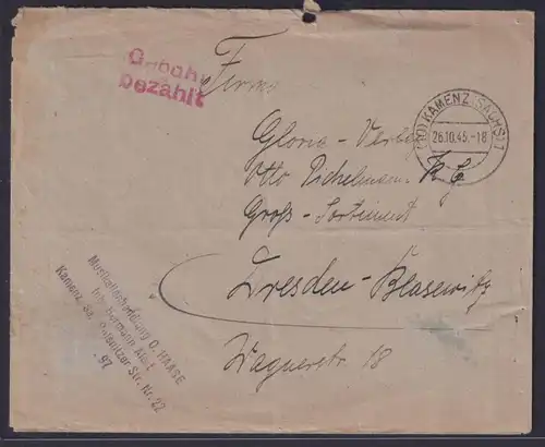 SBZ Brief roter L2 Gebühr bezahlt Kamenz Sachsen n. Dresden Blasewitz 26.10.1945