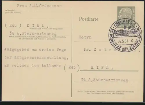 Bund Ganzsache 8 Pfg. Heuss mit SST Kiel Kongress Europa Union 26.5.1961