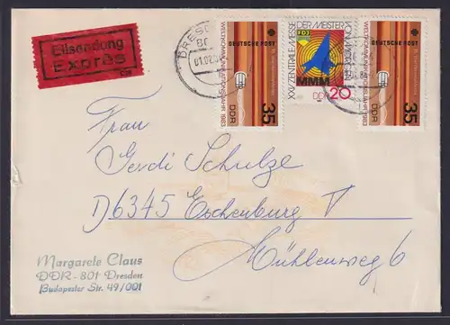 DDR Eilboten Brief Dresden nach Eschenburg Hessen Weltkommunikation 1.2.1984