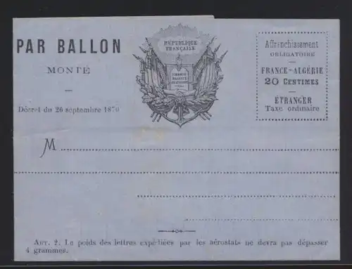 Flugpost air mail Ballonpost Ballon Monte Frankreich France 20 c. Faltbrief von