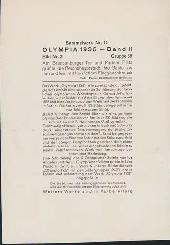 Sport Deutsches Reich Sammelbild Brandenburger Tor Olympia Band II Bild Nr.2