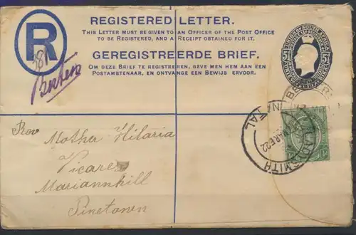 Südafrika Brief Ganzsache 3 b 5 1/2 d King Georg blau ZuF via Ladysmith Pinetown