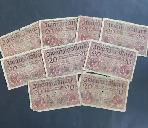 10x Geldscheine Banknoten 20 Mark Ro: 55 1918 V