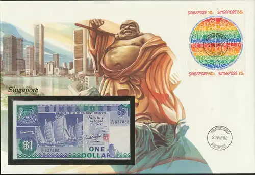 Geldschein Banknotenbrief Singapur Buddha + Briefmarken 1 Dollar P18a 1988