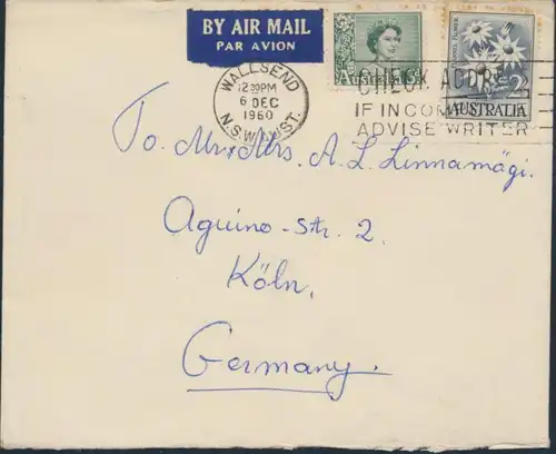 Australien Brief Luftpost MIF 289+299 Wallsend N.S.W. nach Köln 6.12.1960