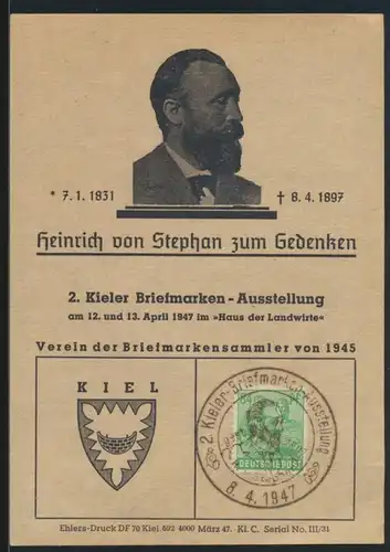 Besetzung Gemeinschaft Stephan UPU Kiel Briefmarken Ausstellung Gedenkblatt