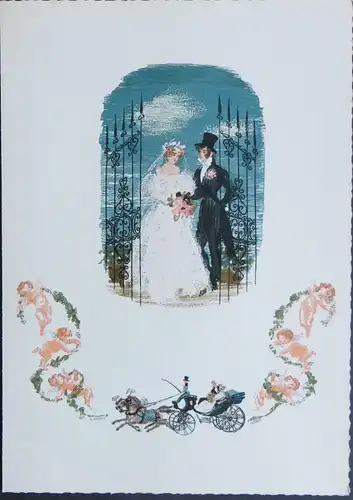 Bund Telegramm Hochzeit Braut Bräutigam Pferdewagen Blumen Engel mehrfarbig 50er