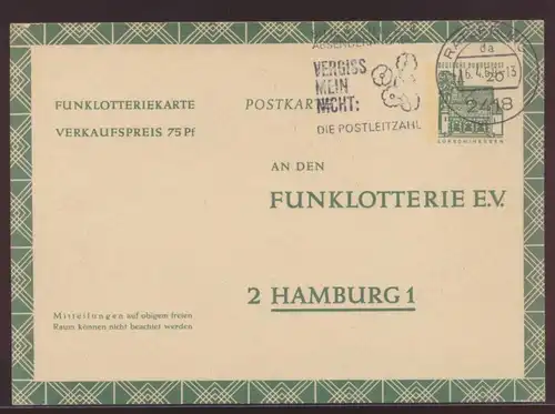 Bund Ganzsache Funkloterie Postkarte FP 12 Werbung Post Postleitzahl Ratzeburg