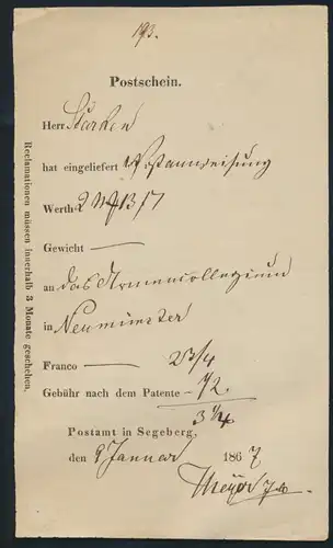 Schleswig Segeberg Postschein für eine Postanweisung nach Neumünster 9.1.1867