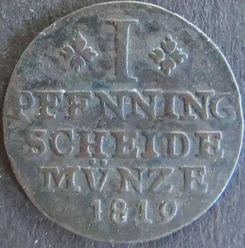 Münze Braunschweig 46 - 1 Pfenning Scheidemünze Sachsenross 1819 Kupfer ss