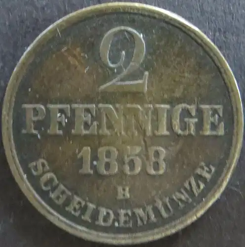 Münze Hannover 153 - 2 Pfennig Scheidemünze 1858 Monogramm Kupfer ss