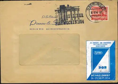 Berlin Brief 113 mit seltenem Werbestempel Festwoche Brandenburger Tor 1954