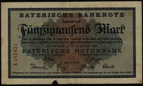Geldschein Banknote Notgeld Bayern 8 50000 Mark Länderbanknote 15.3.1923 - II