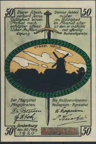 Geldschein Banknote Notgeld Sonderburg Sonderborg 50 Pfennig 1920 vzg Gra 1240.2