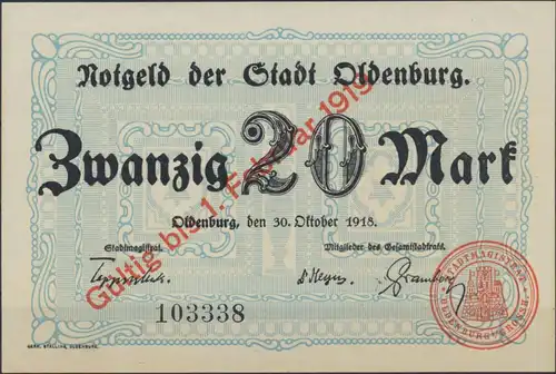 Geldscheine Banknote Notgeld Stadt Oldenburg 1918 20 Mark vorzüglich XF Geiger 2
