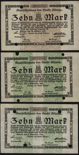 Geldschein Banknote Notgeld Altona 3 Stück 10 Mark 3, 6 + 7 fast kfr. 1918/19