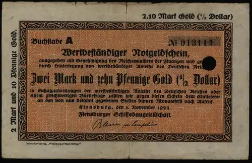 Geldschein Banknote Notgeld Flensburg Schiffsbaugesellschaft 2,10 Mark Gold F005