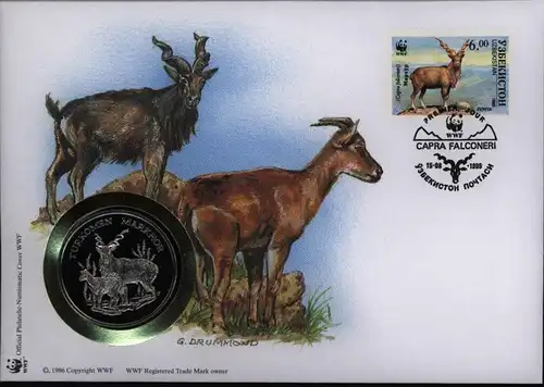 Numisbrief Usbekistan Schraubenziege mit Medaille 30 Jahre WWF Tiere