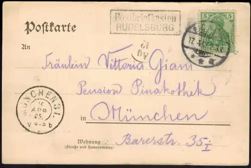 Deutsches Reich Ansichtskarte mit R2 Postbriefkasten Rudelsburg 1905 n. München