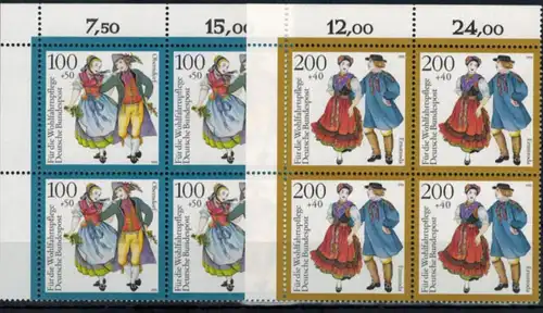 Bund 1696-1700 Wohlfahrt Trachten Bogenecke Eckrand o.li. Viererblock postfrisch