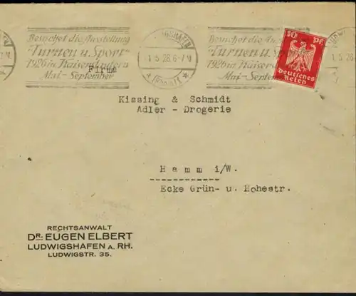 DR Sport 1926 Brief mit Werbestempel Ausstellung Turnen & Sport Kaiserslautern