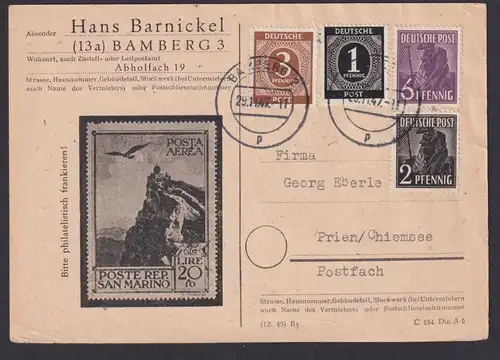 All. Besetzung MIF 1+2 Kontrollrat Postkarte Bamberg n. Prien Chimsee Philatelie