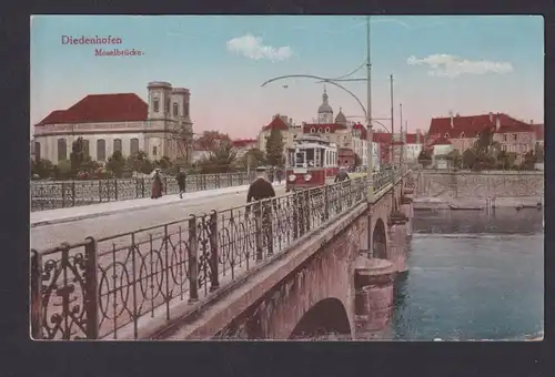 Ansichtskarte Diedenhofen Frankreich Moselbrücke Strassenbahn 2.Rekrutendepot