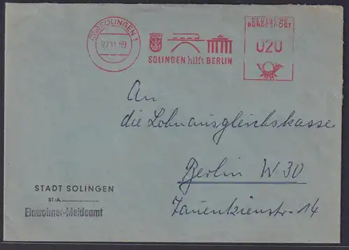 Bund Berlin Brandenburger Tor Brief AFS Absenderfreistempel Solingen 27.11.1959