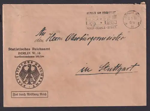 Deutsches Reich Diensbrief Berilin Reichsamt Masch.St. Kraftpost nach Stuttgart