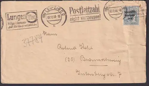 SBZ Brief Leipzig n. Braunschweig Masch. Reklame St. Krankheit Lungen TBC + Post