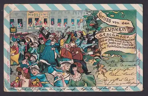 Litho Ansichtskarte Karneval Die Funken Köln nach Wiesbaden handcoloriert 1903