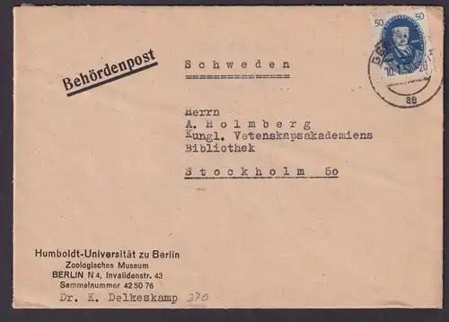 DDR Brief EF 50 Pfg. 270 Akademie Ausland Behördenpost Berlin Stockholm Schweden