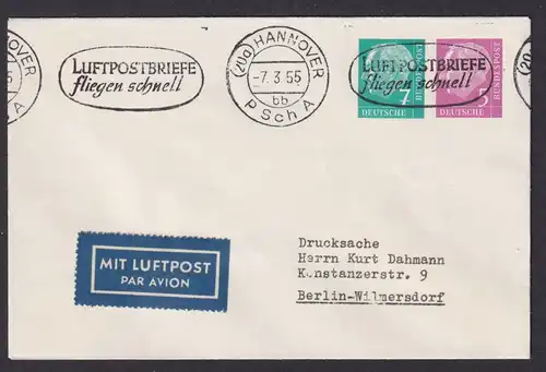 Flugpost Brief Air Mail Bund Privatganzsache 2 WST Heuss Masch.St. Hannover