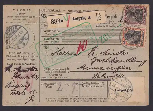 Deutsches Reich Leipzig Sachsen Zoll Paketkarte MIF Germania Munsingen Schweiz