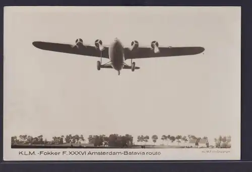 Ansichtskarte Flugzeug KLM Fokker F XXXVI Amsterdam Batavia Route ab Croydon