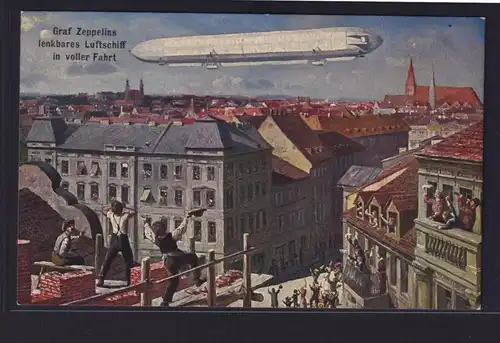Ansichtskarte Zeppelin Luftschiff über Stadt Künstlerkarte Paasanten + Studenten