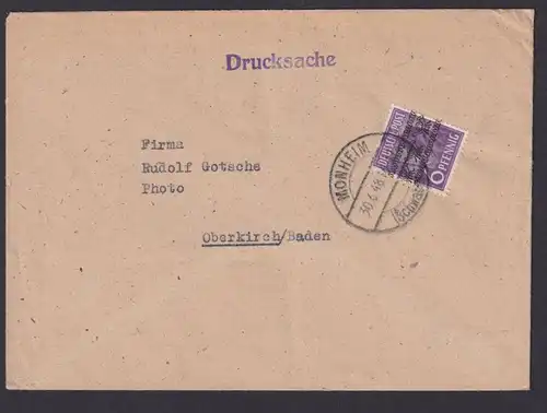Bizone Brief EF 6 Pfg. Bandaufdruck Monheim n. Oberkirch Baden