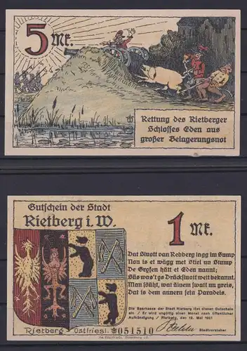 Banknoten Geldscheine Notgeld Rietberg Westfalen 5 Scheine 0,25 - 5 Mark
