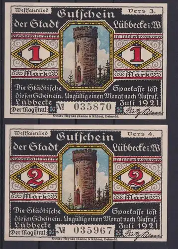 Banknoten Geldscheine Notgeld Lübbecke Westfalen 2 Scheine 1-2 Mark