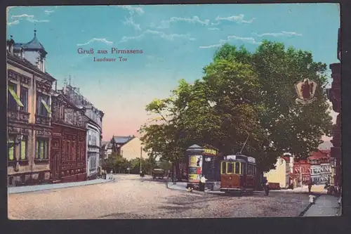 Ansichtskarte Pirmasens Rheinland Pfalz Landauer Tor Strassenbahn Künstler Litho