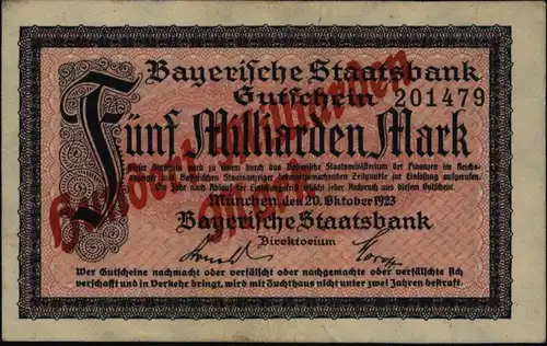 Geldschein Banknote Notgeld Bayern 229 a 100 Mio Mark Staatsbank 20.10.1923 - II