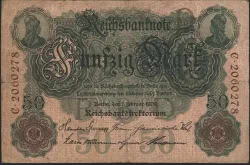 Geldschein Banknote Deutsches Reich Reichsbanknote 50 Mark 32 C 7.2.1908 II