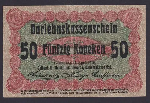 Geldschein Banknote Besatzung I.WK Posen 458 d 50 Kopeken 17.4.1916 - I- II.
