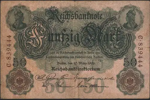 Geldschein Banknote Deutsches Reich Reichsbanknote 50 Mark 25 a C 10.3.1906 II