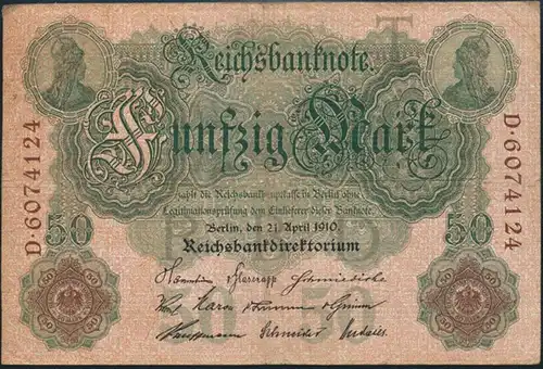Deutsches Reich Geldschein Reichsbanknote 50 Mark KN 7-stellig III-IV R 25b