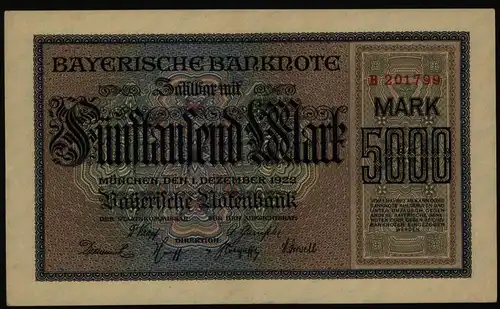 Geldschein Banknote Notgeld Bayern 6 - B 5000 Mark Länderbanknote 1.12.1922 - I.