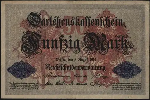 Geldschein 50 Mark Darlehenskassenschein 5.8.1914 50 b KN 7 stellig II.