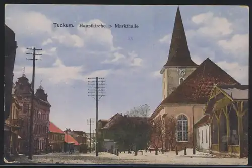 Foto Ansichtskarte Tuckum Tukums Lettland Hauptkirche Markthalle Feldpost nach